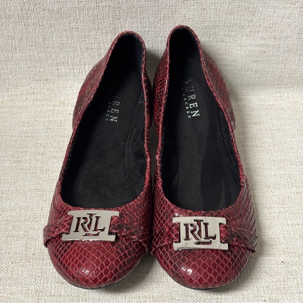 Lauren Ralph Lauren Womens Ballet Flats Red Black Stretch Fit SnakeskinSize 7B